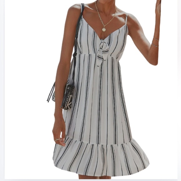 VENUS Dresses & Skirts - Venus x Lascana White & Black Striped Midi Sundress Size L Bow Adjustable Straps